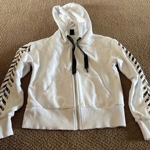 Style Reform Women’s White Zip Up Arrow & Stripe Hoodie Sweatshirt